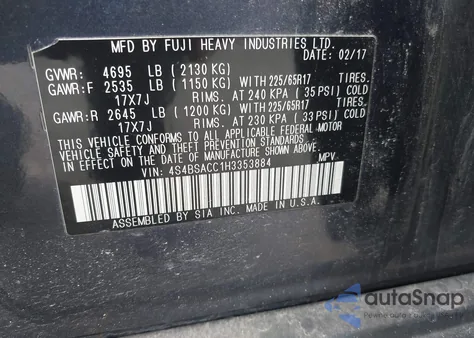 2017 Subaru Outback 2.5I Premium из США, поврежденный, VIN 4S4BSACC1H3353884